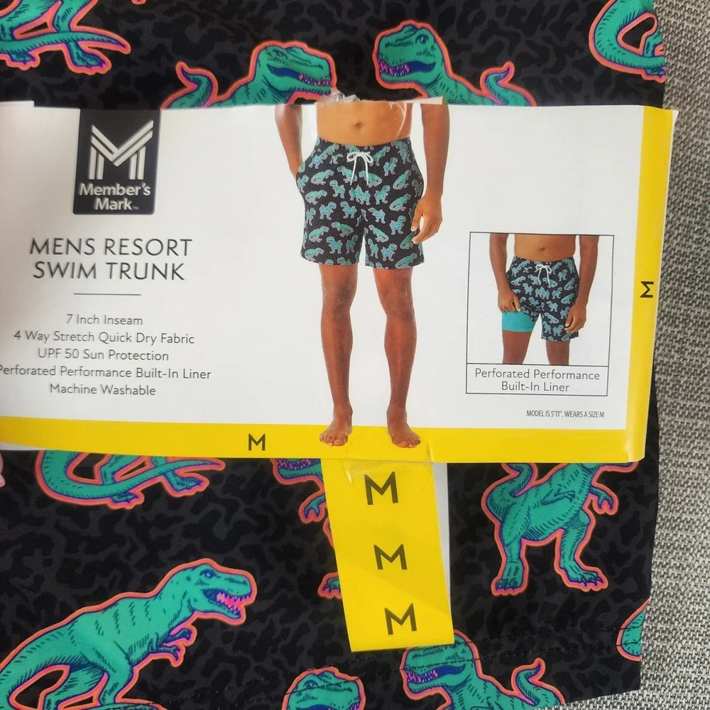Member's Mark Mens M Resort Swim Trunk Black Green Dinosaur Print Board Shorts